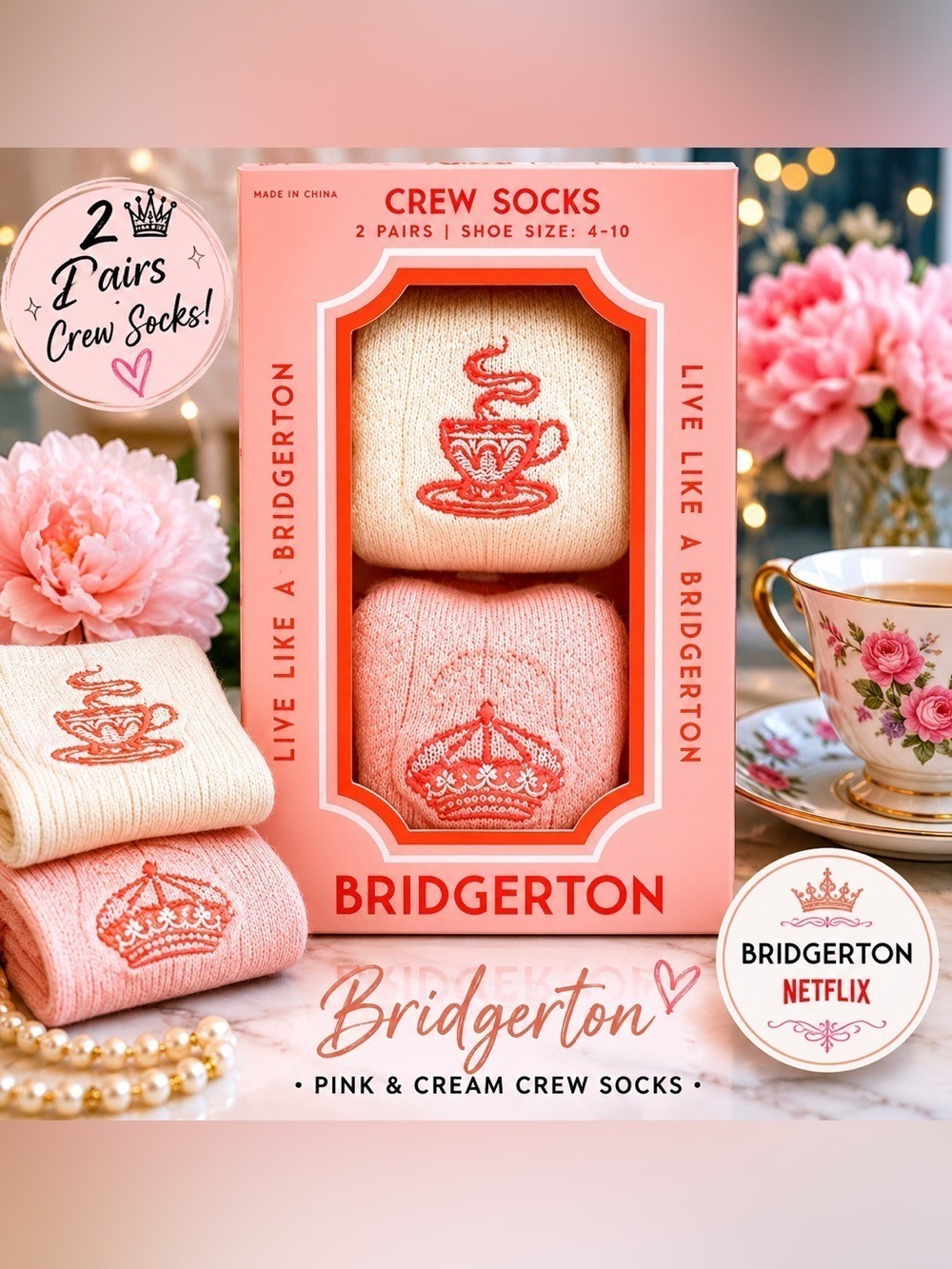 Bridgerton 2 Pair Crew Socks Gift Set Pink Cream Netflix NWT